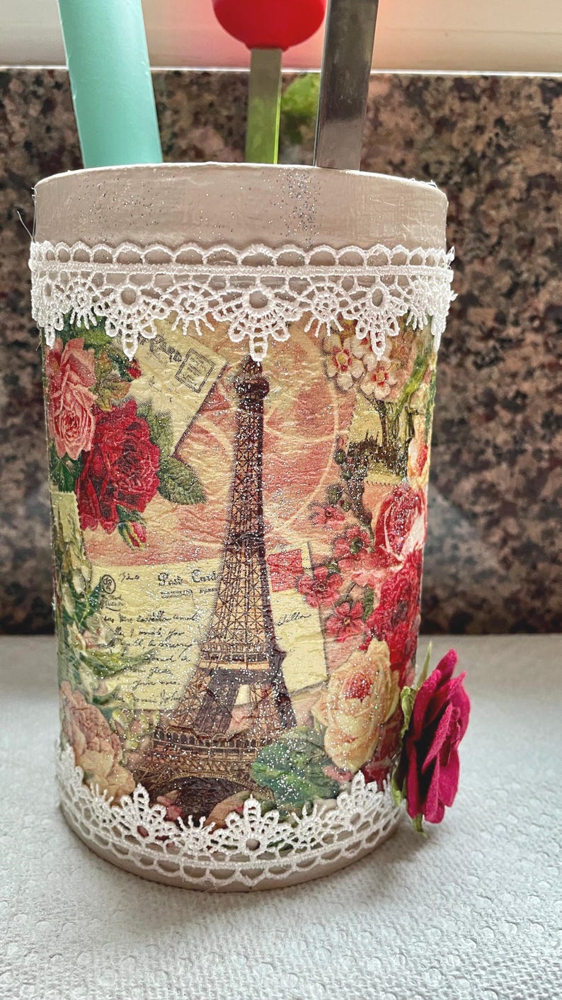 Eiffel Tower Paris Roses Decoupage Can Organizer Doodaba - Etsy