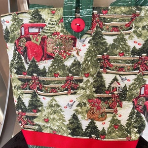 Bolso de mano Doodaba hecho a mano con camiones rojos navideños, cardenales de nieve y pájaros