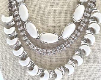 White Rhinestone Assemblage Statement Necklace Doodaba