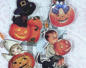 Halloween Träprydnader Katter Pumpor Set med 4 Doodaba