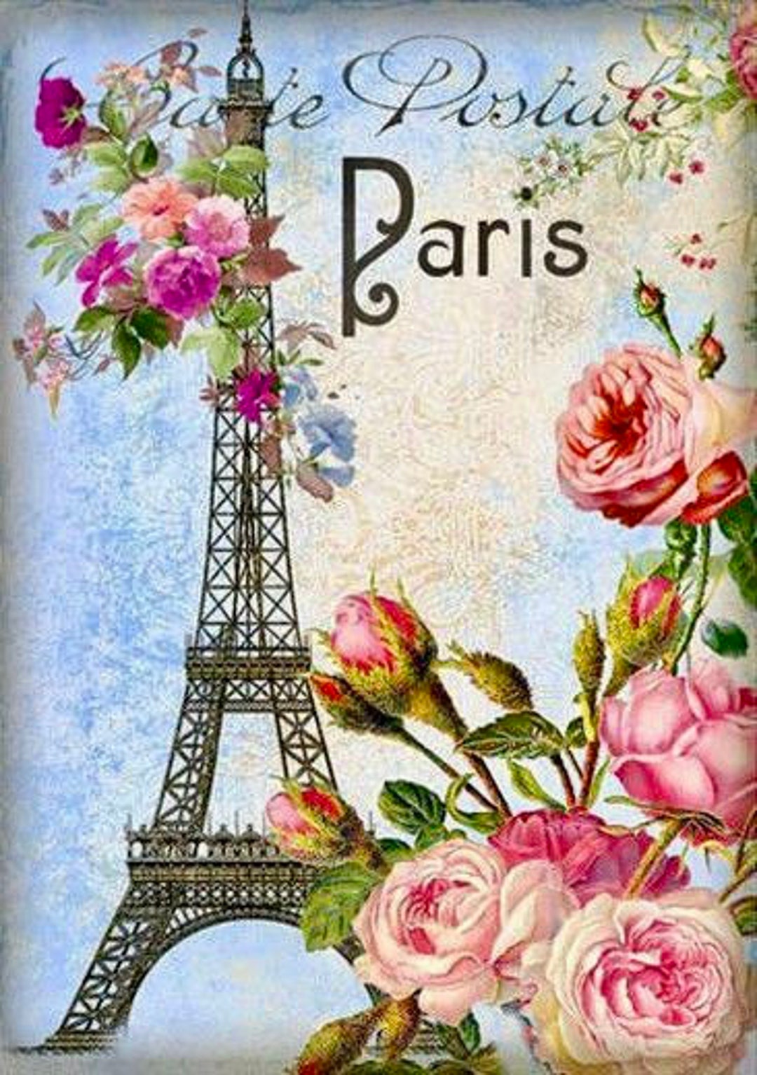Vintage Paris Eiffel Tower France Pink Roses Graphic Image