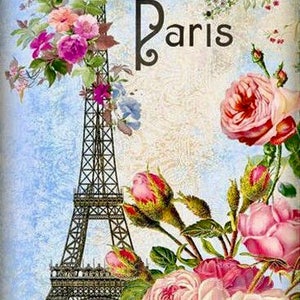 Vintage Paris Torre Eiffel França Rosas Rosas Gráficas Imagem Arte Tecido Bloco Barbiecore Doodaba