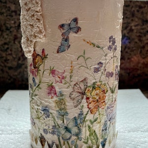 Butterflies Flowers Lace Floral Decoupage Shabby Chic Large 6.25 Inch Painted Upcycled Recycled Tin Metal Painted Can Doodaba