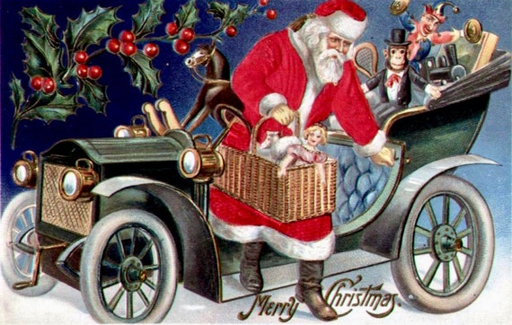 Vintage Weihnachtsmann Auto Modell T Weihnachten Grafik Bild Kunst Stoff  Block Doodaba - .de