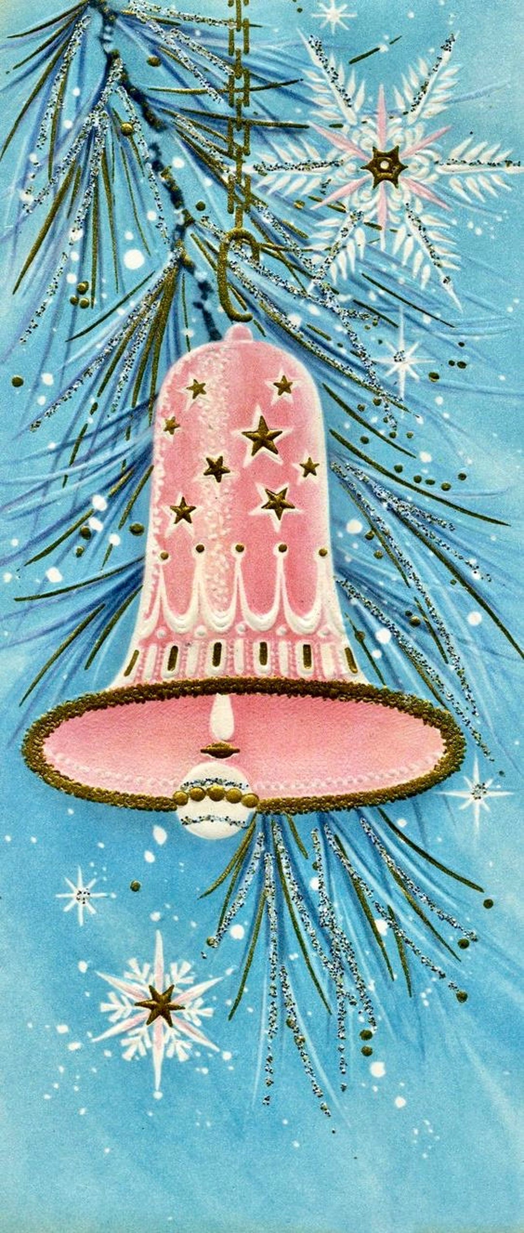 Vintage Pink Christmas Bell Tree Ornament Graphic Image Art Fabric