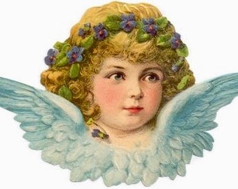 May include: A vintage illustration of an angel with blue wings and a crown of purple flowers. The angel has blonde hair and a sweet expression.