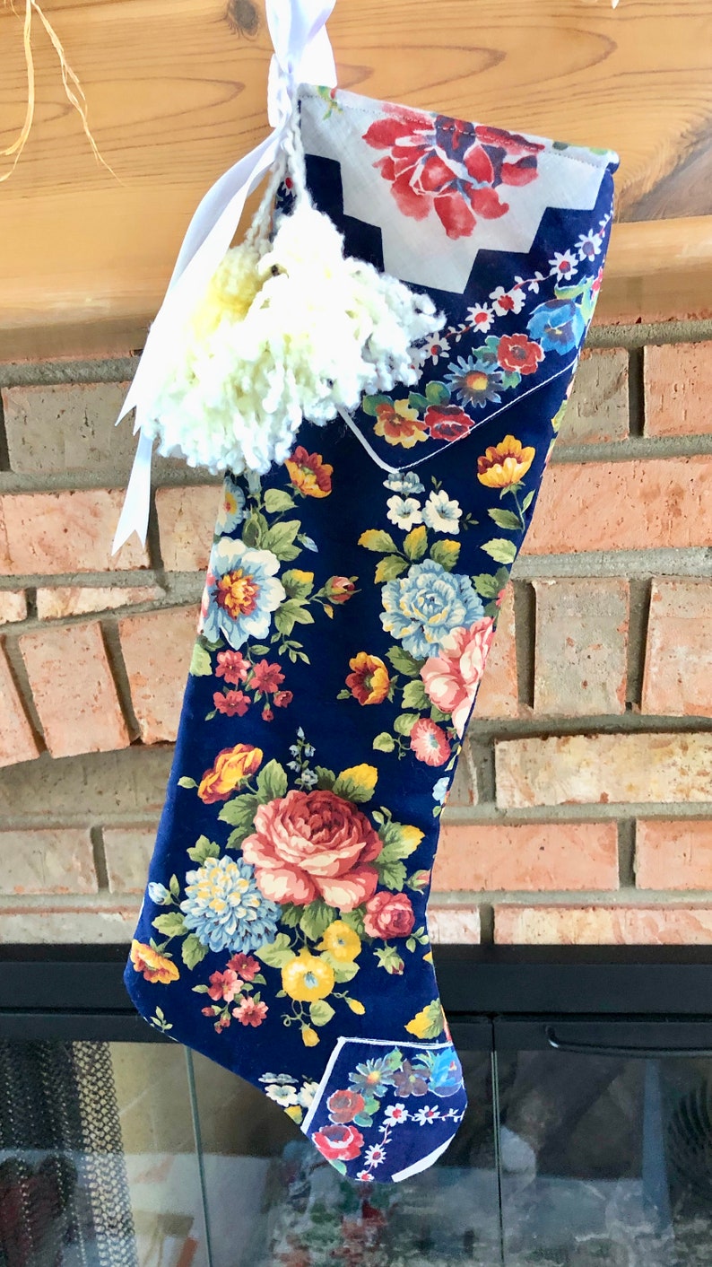 Mauve Pink Roses Navy Blue Reversible Vintage Handkerchief Yarn Tassels Christmas Stocking Shabby Chic Handmade Quilted Doodaba