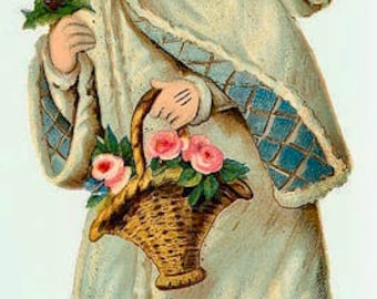May include: A young angel with pink wings, wearing a white hooded robe and holding a basket of flowers. The angel is standing on a white background.