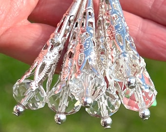 Clear Crystal Glass Icicle Silver Filigree Cone Tree Ornaments Set of 6 Doodaba
