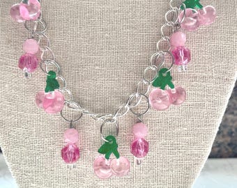 Pink Cherries Statement Assemblage Necklace Doodaba