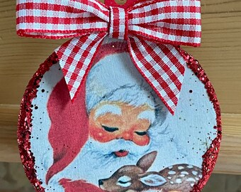 Vintage Santa Claus Red Image Decoupaged Ephemera Glitter Wood Christmas Ornament Shabby Chic Handmade Doodaba