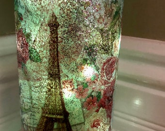 Eiffel Tower Paris France Flowers Roses Decoupage Fairy Lights Painted Charms Upcycled Glass Wine Bottle Doodaba