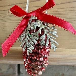 Red Pine Cone German Glass Glitter Gold Branches Natural Genuine Christmas Ornament Shabby Chic Handmade Doodaba