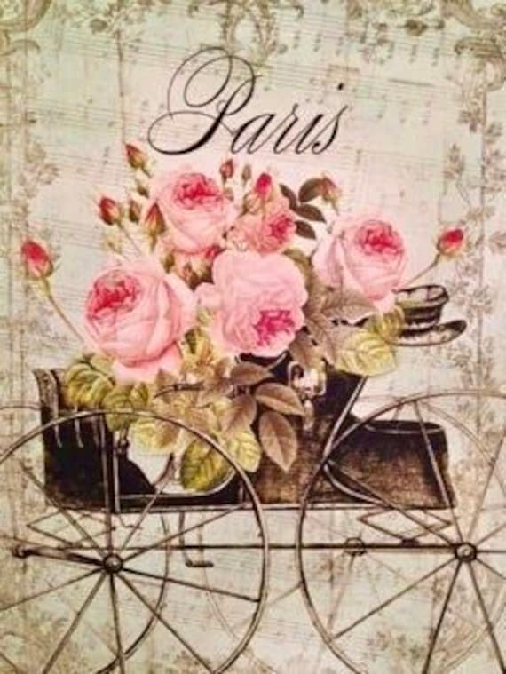 Vintage Paris Pink Roses Graphic Image Art Fabric Block