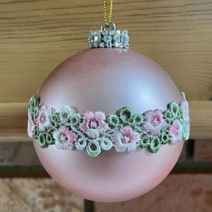 Pink Embroidered Roses Rhinestone Trim Metallic Barbiecore Christmas Ornament Shabby Chic Shatterproof Handmade Doodaba