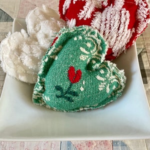 Red Green White Primitive Set of Three Vintage Chenille Heart Fabric Bowl Filler Christmas Ornie Tiered Tray Shabby Chic Handmade Doodaba