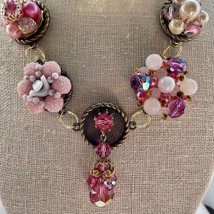 Pink Cluster Vintage Earrings Bronze OOAK Assemblage Collage Upcycled Altered Statement Vintage Wedding Art Deco Barbiecore Necklace Doodaba