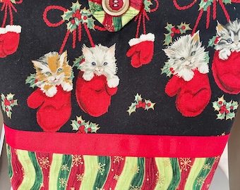 Christmas Kittens Mittens Red Green White Holly Tote Bag Handmade Doodaba Handbag