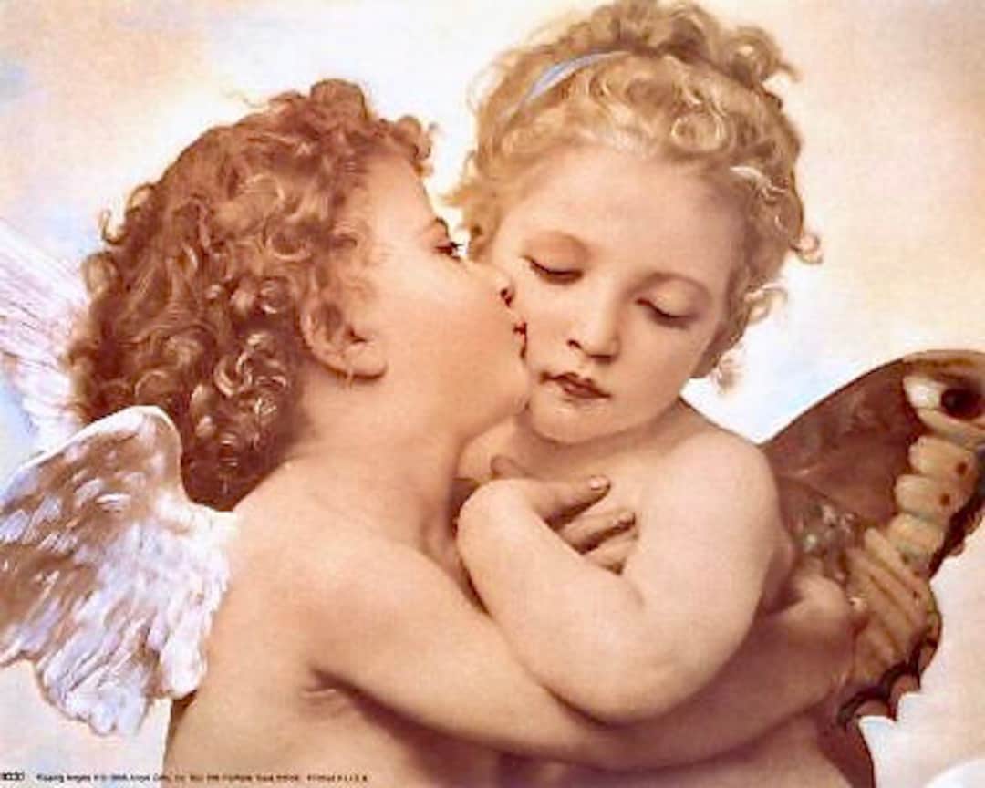 Vintage Kissing Angels Cherubs Graphic Image Art Fabric Block Doodaba