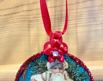 Vintage Santa Claus Victorian Red Image Decoupaged Ephemera Glitter Wood Christmas Ornament Shabby Chic Handmade Doodaba