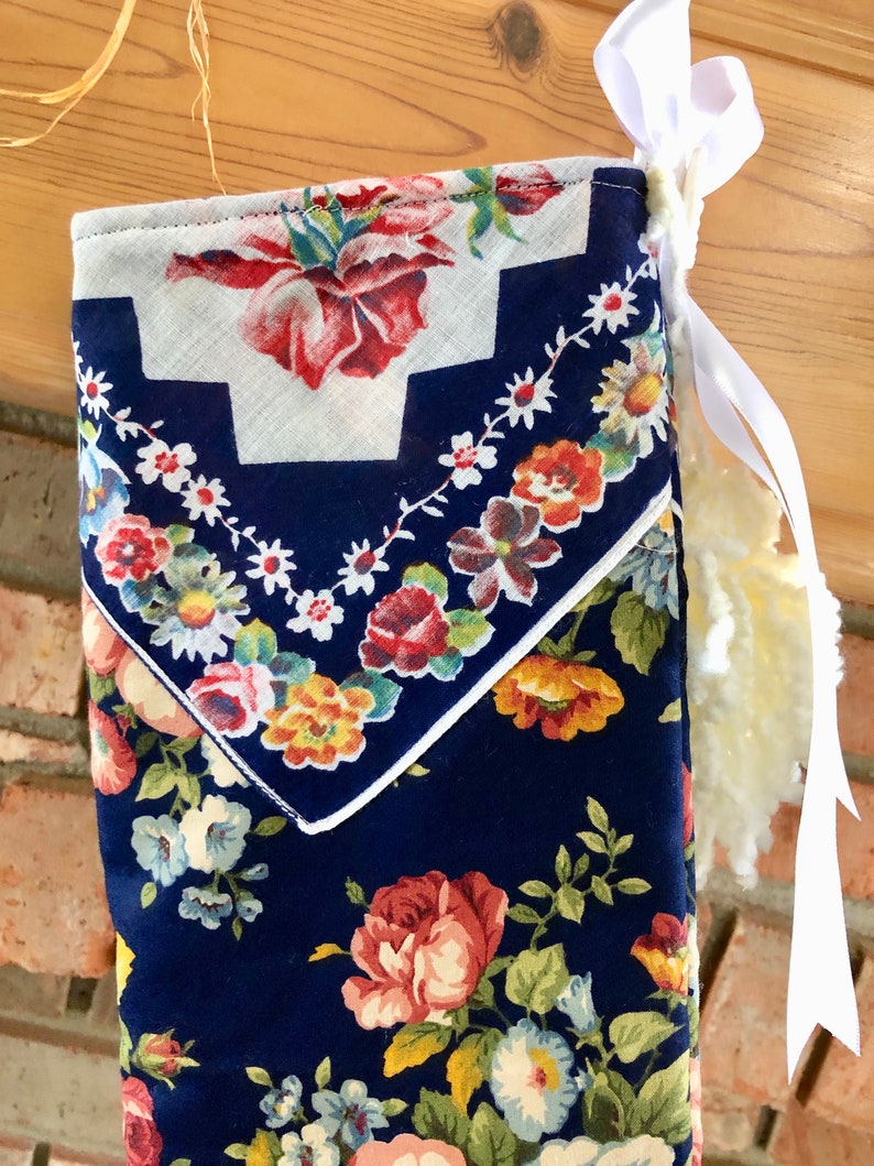 Mauve Pink Roses Navy Blue Reversible Vintage Handkerchief Yarn Tassels Christmas Stocking Shabby Chic Handmade Quilted Doodaba