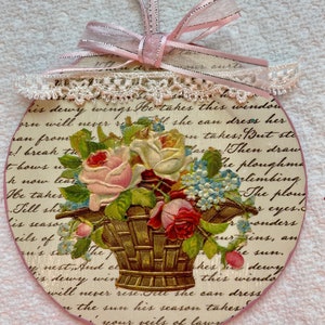 Pink Rose Basket Image Script Scrap Relief Words Die Cut Lace Decoupaged Ephemera Wood Ornament Shabby Chic Handmade Doodaba