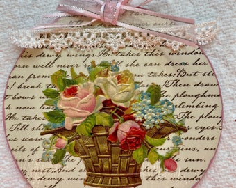 Vintage Pink Rose Basket Image Script Scrap Relief Words Die Cut Lace Decoupaged Ephemera Wood Ornament Shabby Chic Handmade Doodaba