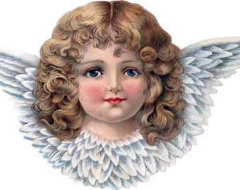 May include: A vintage illustration of an angel with blonde curly hair and blue eyes. The angel is wearing a white feathered collar and has white wings.