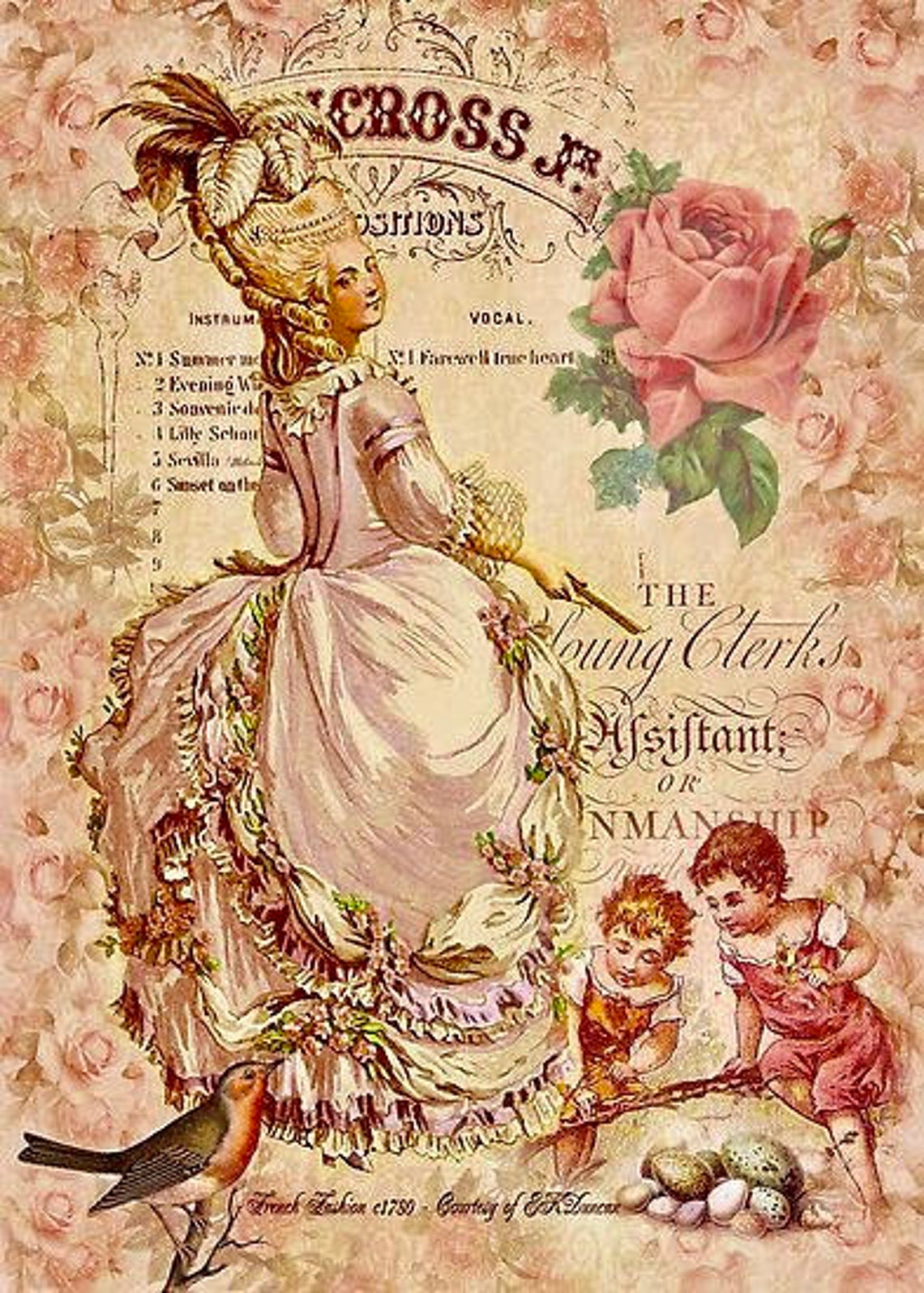 Victorian Vintage Pink Roses Lady Marie Antoinette Graphic Image Art ...