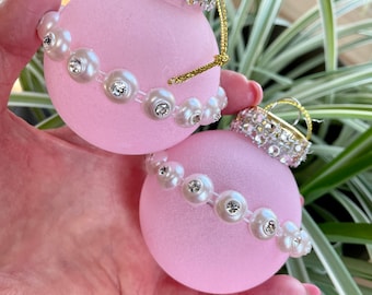 Christmas Pink Flocked Velvet White Pearls Rhinestones Trim Ball Ornaments Set of 2 Shabby Chic Shatterproof Handmade Doodaba