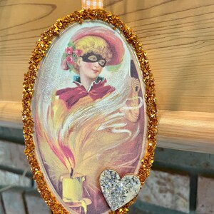 Victorian Vintage Image Halloween Lady Orange German Glass Glitter Ephemera Cardstock Ornament Shabby Chic Handmade Doodaba
