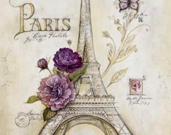 Puede incluir: Una ilustración vintage de la Torre Eiffel en París, Francia. La torre está rodeada de flores moradas y una mariposa. El texto "Paris Carte Postale" está escrito en una fuente decorativa.