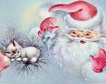Vintage Christmas Pink Santa Claus Kitty Cat MCM Graphic Image Art Fabric Barbiecore Block Doodaba