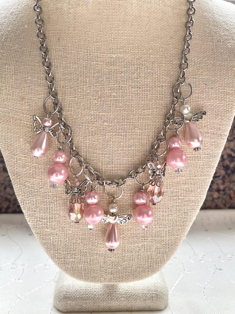 Pink Angel Pearl Crystal Necklace Assemblage Doodaba image 2