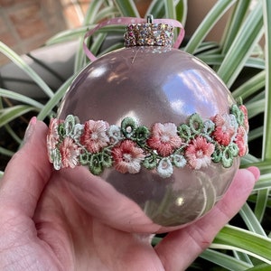Pink Rose Gold Mauve Embroidered Roses Rhinestone Trim Metallic Barbiecore Christmas Ornament Shabby Chic Shatterproof Handmade Doodaba