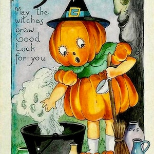 Vintage Victorian Halloween Witch Moon Cat Pumpkin Cauldron Graphic Image Art Fabric Block Doodaba