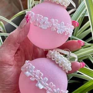 Christmas Pink White Embroidered Floral Pearl Trim Flocked Velvet Ball Ornaments Set of 2 Shabby Chic Shatterproof Handmade Doodaba