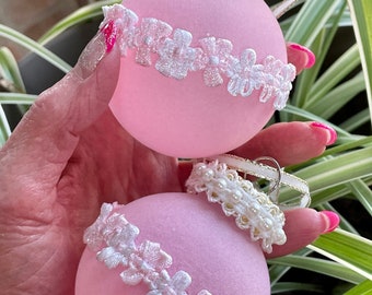 Christmas Pink White Embroidered Floral Pearl Trim Flocked Velvet Ball Ornaments Set of 2 Shabby Chic Shatterproof Handmade Doodaba