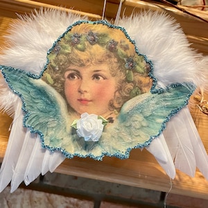 Vintage Angel Cherub Feather Wings Image Turquoise German Glass Glitter Ephemera Cardstock Christmas Ornament Shabby Chic Handmade Doodaba