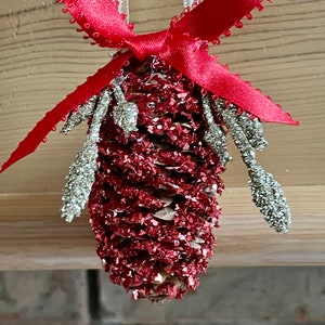 Red Pine Cone German Glass Glitter Gold Branches Natural Genuine Christmas Ornament Shabby Chic Handmade Doodaba