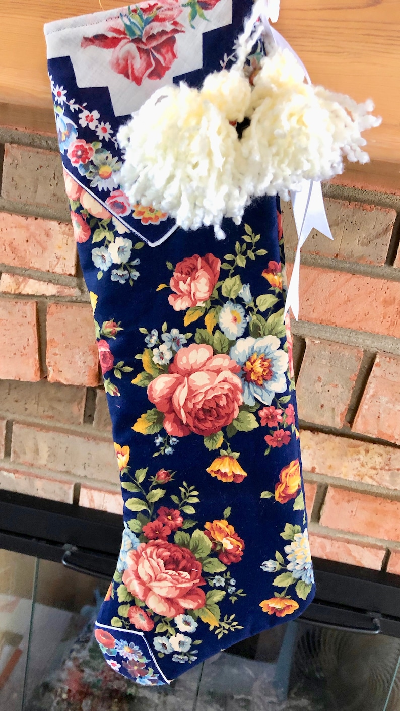 Mauve Pink Roses Navy Blue Reversible Vintage Handkerchief Yarn Tassels Christmas Stocking Shabby Chic Handmade Quilted Doodaba