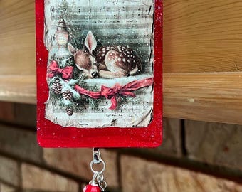 Reindeer Deer Image Christmas Ornament Decoupaged Wood Doodaba