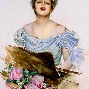 Vintage Victorian Woman Lady Blue Piano Harrison Fisher Graphic Image Art Fabric Block Doodaba Barbiecore