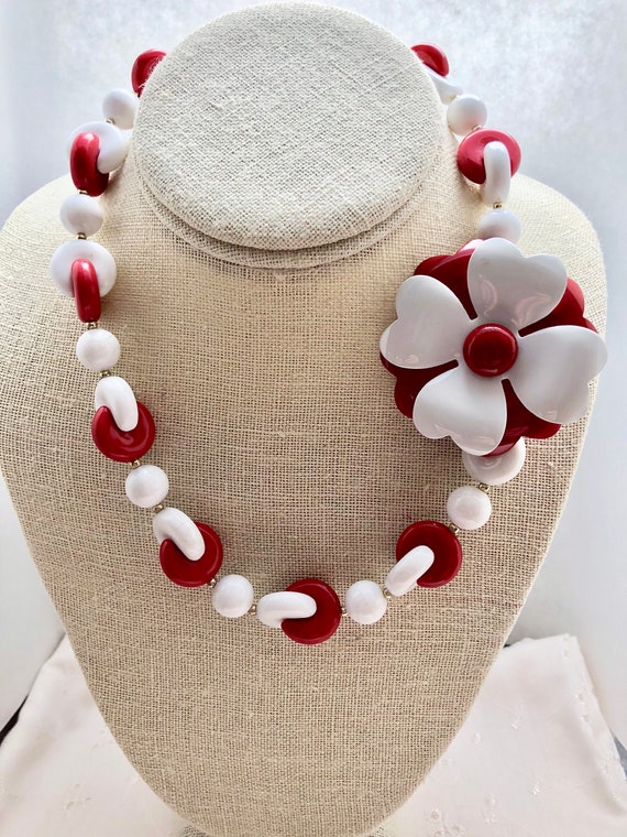 Repurposed Vintage Bib Multi Bead Red White Daisy 