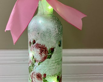 Pink Roses French Text Flowers Floral Valentine Decoupage Fairy Lights Painted Bow Upcycled Wine Bottle Doodaba