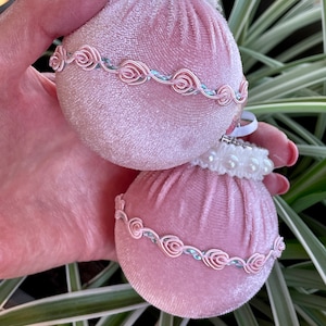 Pink Velvet White Pearls Roses Trim Ball Ornaments Set of 2 Shabby Chic Barbiecore Shatterproof Handmade Doodaba