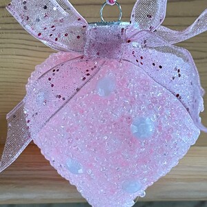 Pink Opal Rhinestones Acrylic Seed Beads Glitter Heart Valentine Christmas Barbiecore Ornament Shabby Chic Handmade Doodaba