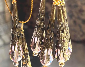 Pink Crystal Glass Icicle Bronze Filigree Cone Tree Ornaments Set of 6 Doodaba