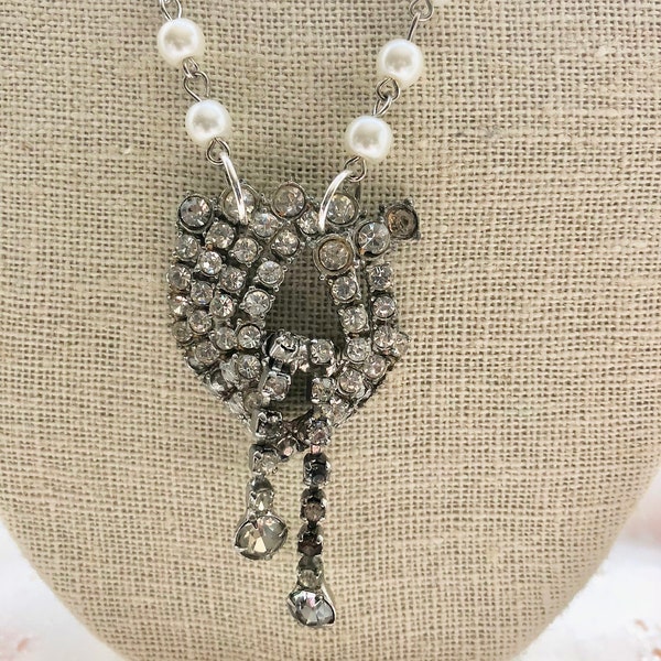 Vintage Rhinestone Patina Brooch Pearls Repurposed Rosary Chain Upcycled Bridal Bridesmaid Wedding Prom Assemblage Silver Necklace Doodaba