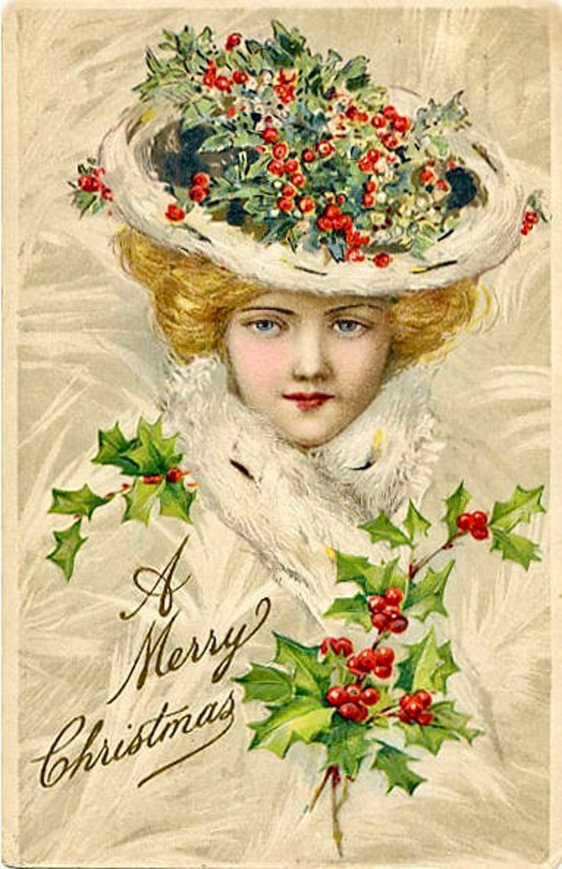 Vintage Woman Holly Hat Christmas Graphic Image Art Fabric - Etsy